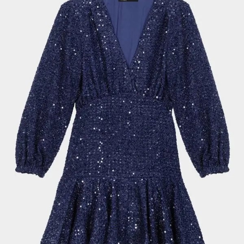 Maje Midnight Blue Sequin Long Sleeve Dress